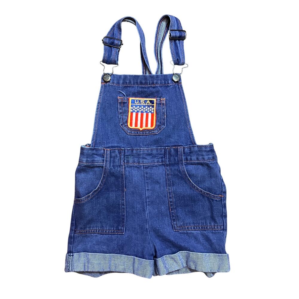Vintage Denim Short Overalls Bull Tiger Kids USA Patch Size 5/6 4th of July